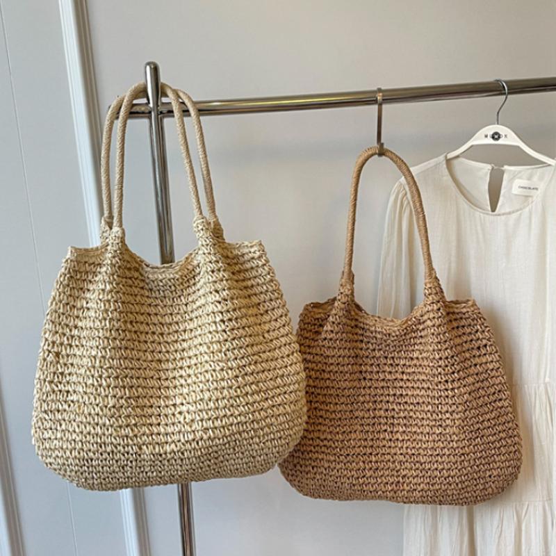 Handmade Crochet Straw Tote Bag Women Large Capacity Shoulder Bag Woven Material Summer Beach Vacation Boho Style Casual Handbag
