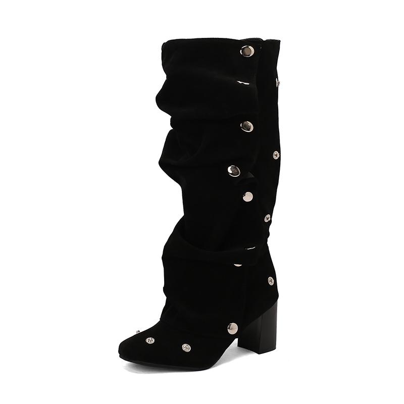 

Модные джинсовые ботфорты большого размера на толстом каблуке с заклепками и боковой молнией, с круглой металлической пряжкой, в британском панк-стиле, женская обувь 41
