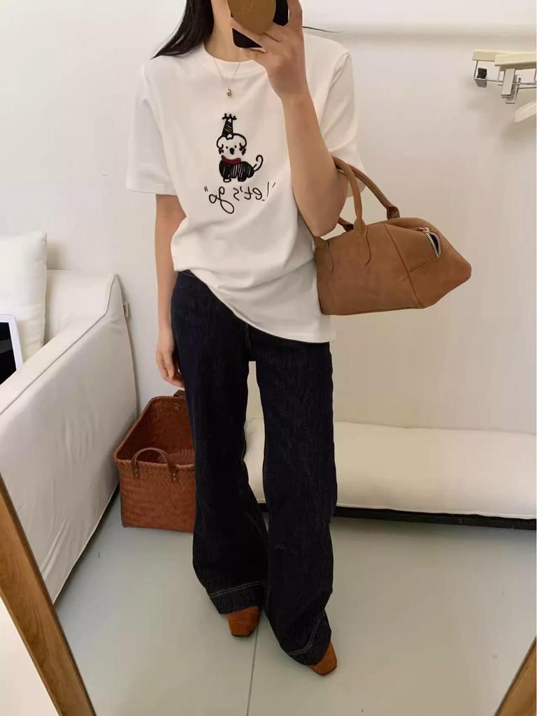 2025 Summer Women's Embroidered Dog T-shirt - Short Sleeve, Simple Line Design, Round Neck