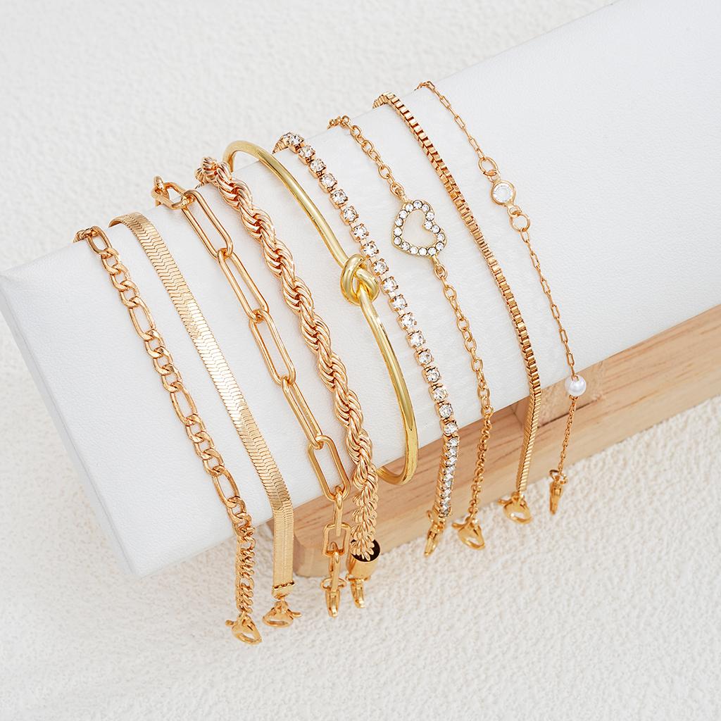 9 Pcs New Heart Zircon Snake Chain Bracelets Set for Women Fashion Gold Color Crystal Cuban Chain Bracelet Vintage Boho Jewelry