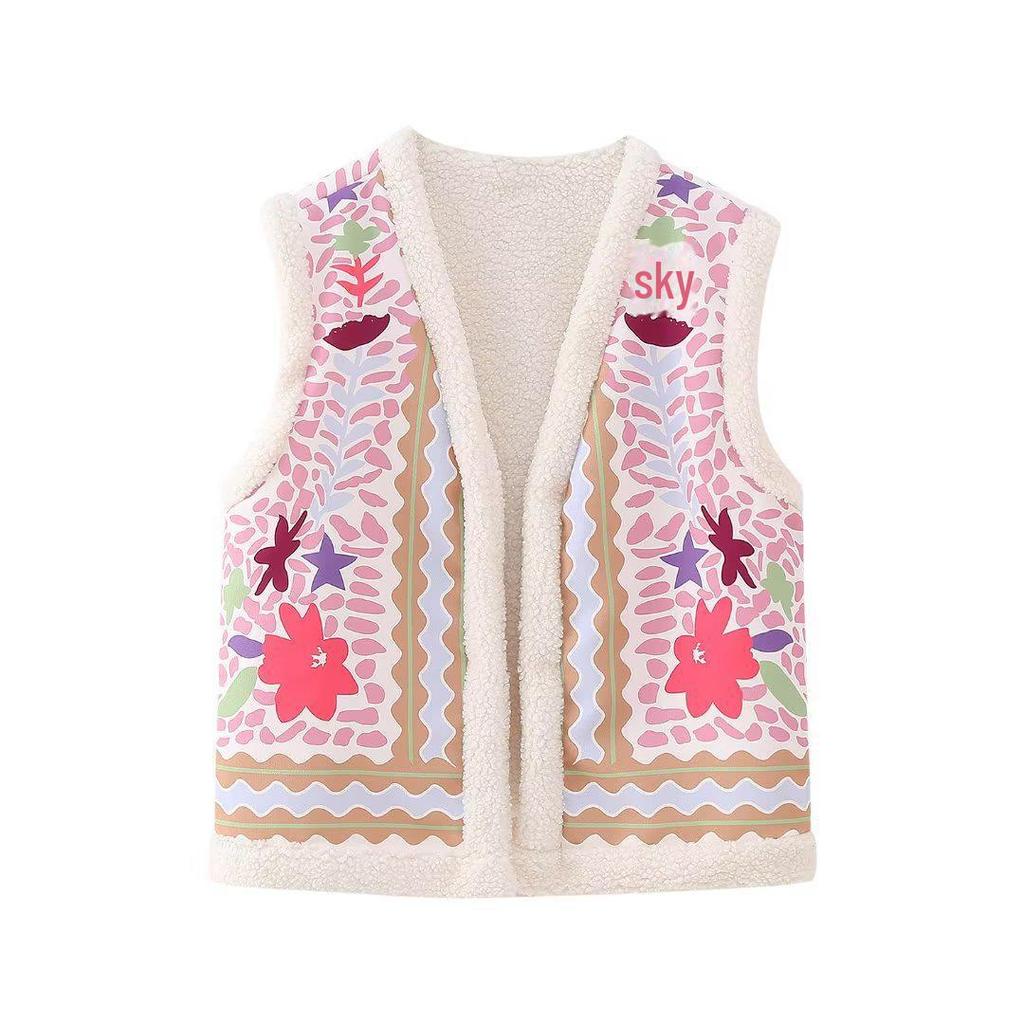 2023 Autumn/Winter Ethnic Style Retro Print Velvet Slim Fit Vest Jacket