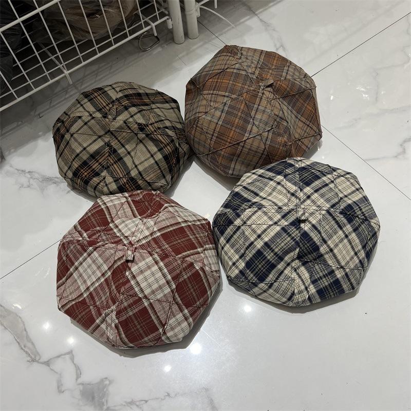 New plaid color matching beret women's spring and summer fashion versatile literary and artistic face small pumpkin tide retro painter hat