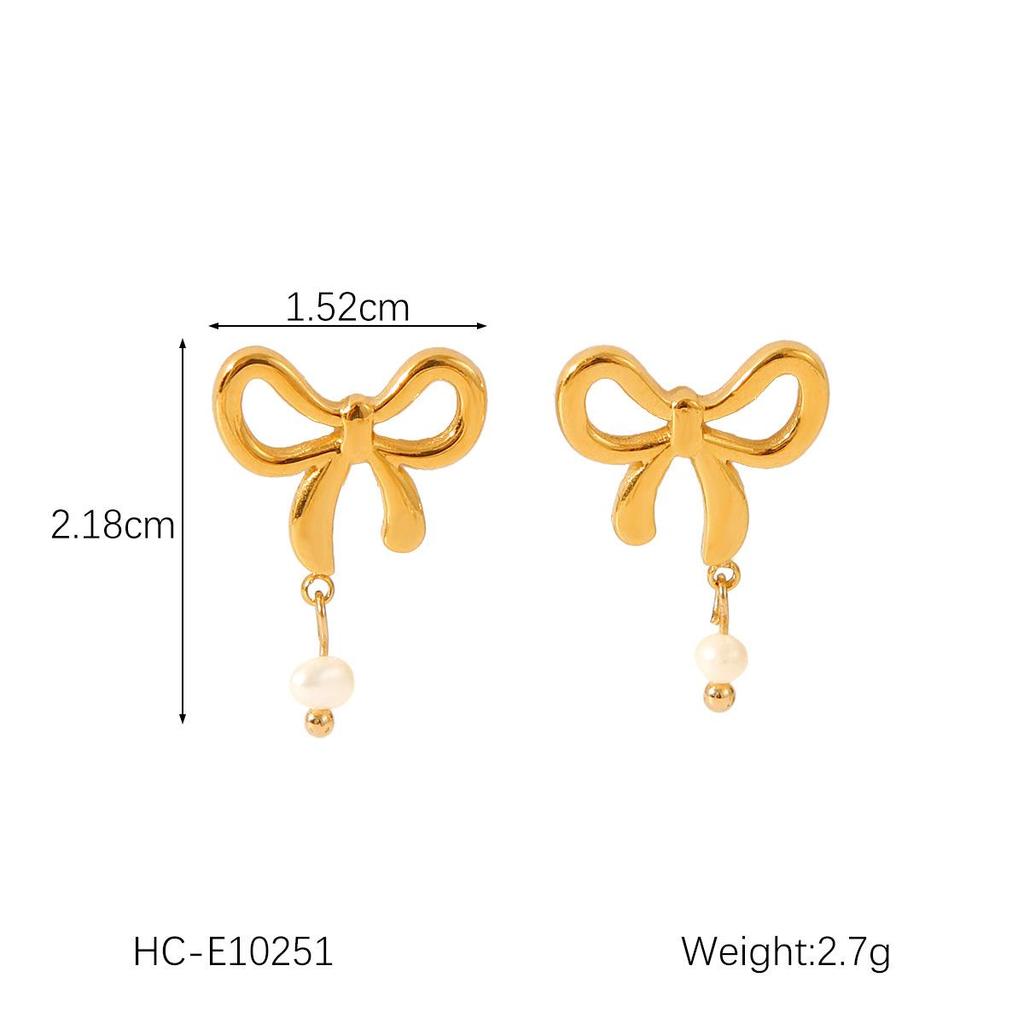 18K Gold French-Style Bow Studs with Titanium Steel, Butterfly, and Pearl Accents