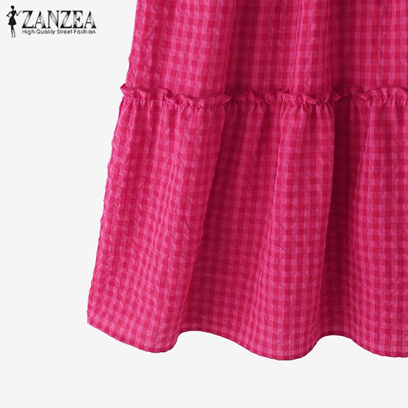 ZANZEA Rochie Tank Femei de Vară cu Gât Rotund, Fără Mâneci, cu Imprimeu Grilă