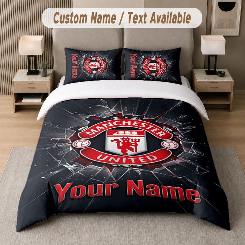 Custom Bedding Set Manchester United Pattern, Print Name Text 1 Duvet Cover Plus 2 Pillowcases Home Textile