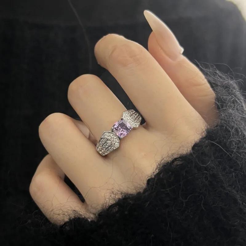 exquisite   inlay diamond High quality square purple gemstone rings for women fashion opening ring sparkling jewelry