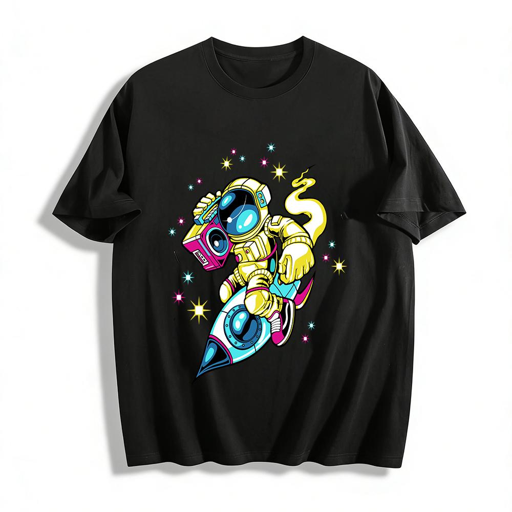 Astronaut Riding Rocket With Boombox Graphic Casual Top Pure cotton T-shirt XXS