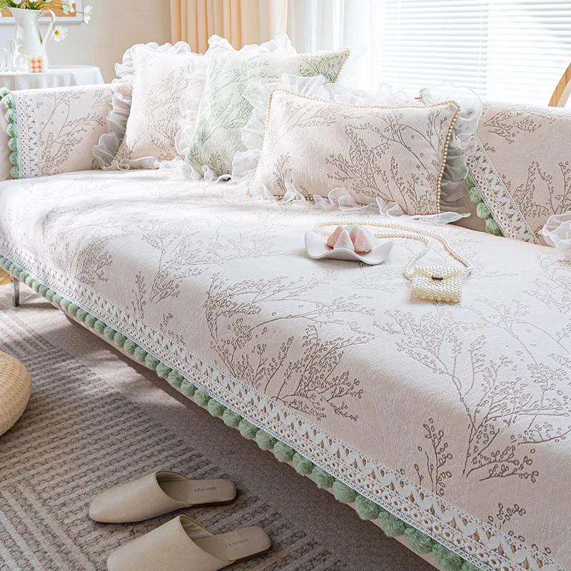 Ball Tassel Sofa Cushion Four Seasons Anti Slip Clean Seat Cushion Mat Plant Flower Light Green Color Daybed Cover Cloth Towel