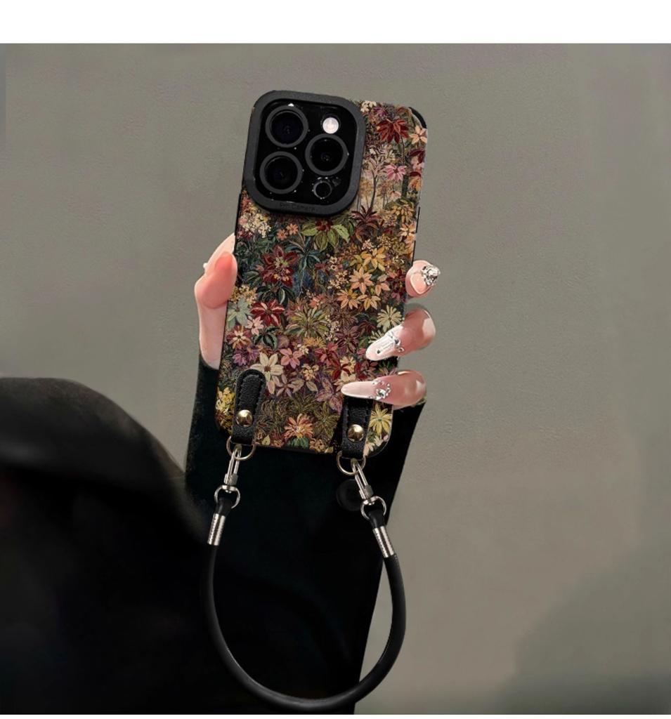 Oil painting Baicao lanyard suitable for Apple 16promax mobile phone case iphone13 silicone sheepskin 15 retro niche