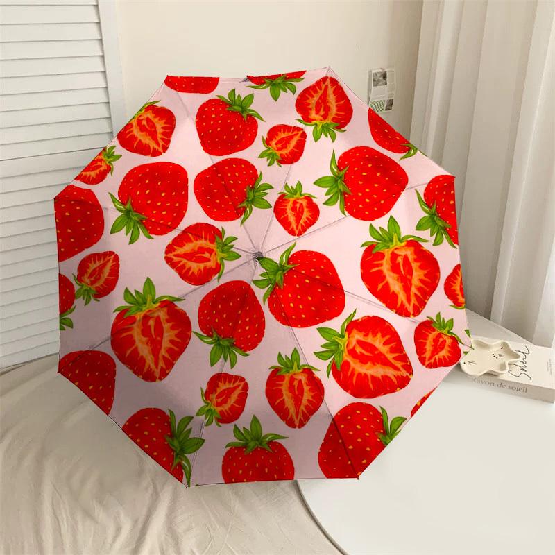 1pc strawberry pattern Automatic Folding Umbrella, Heavy Duty 8 Rib Iron Frame,  Suitable for Travel, Daily Use, Birthday, Decor Gift m0104005