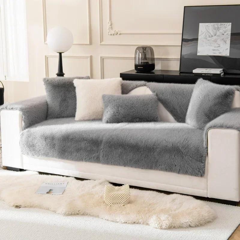 Winter Thick Sofa Towel Modern Fluffy Non-slip Plush Rabbit Wool Sofa Sitting Cushion Cover Slipcover Cushion Pad Towel