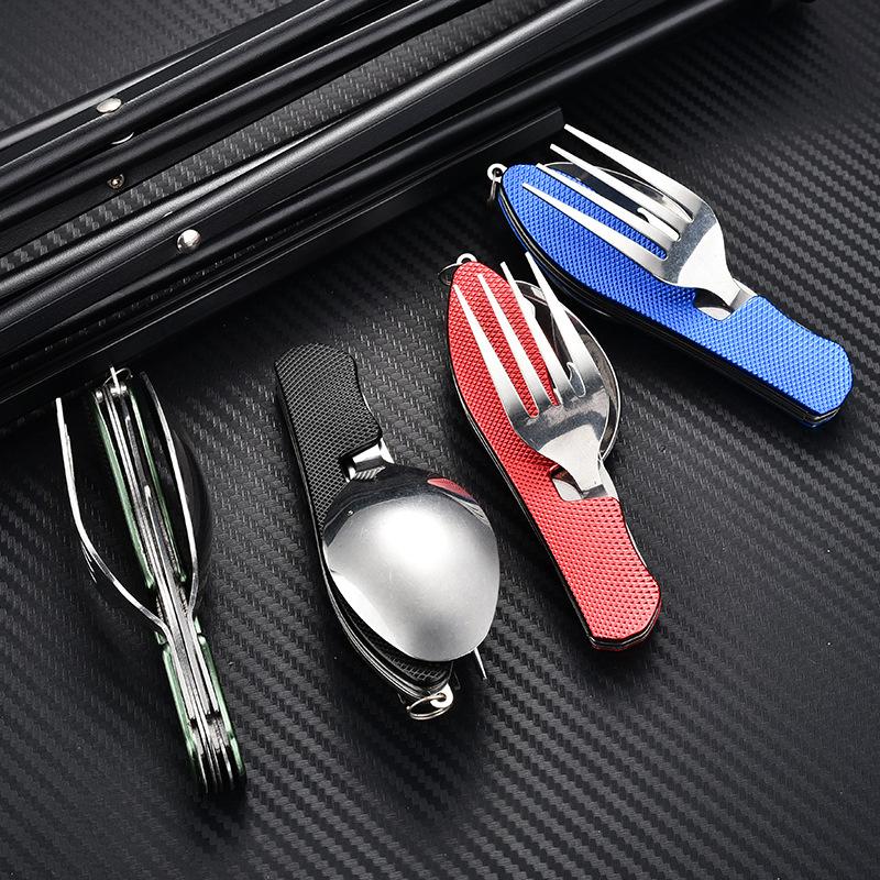 4 In 1 Tableware Foldable Stainless Steel Fork Spoon Knife Bottle Opener Portable Picnic Camping Hiking Travelling Dinnerware