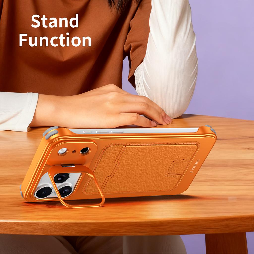 For iPhone 15 Pro Max Case Lens Frame Kickstand Metal Frameless Phone Cover with Leather Card Slots