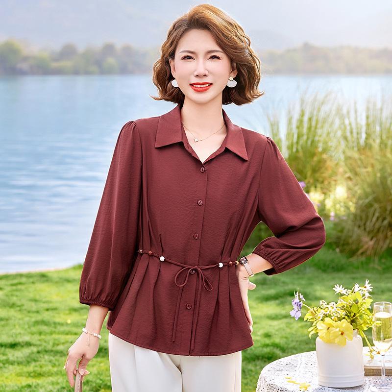 

2026 Summer Stylish Slimming Plus Size Waist-Cinching Age-Reducing Versatile Shirt XL (suggested 45-52.5 kg) вино красного