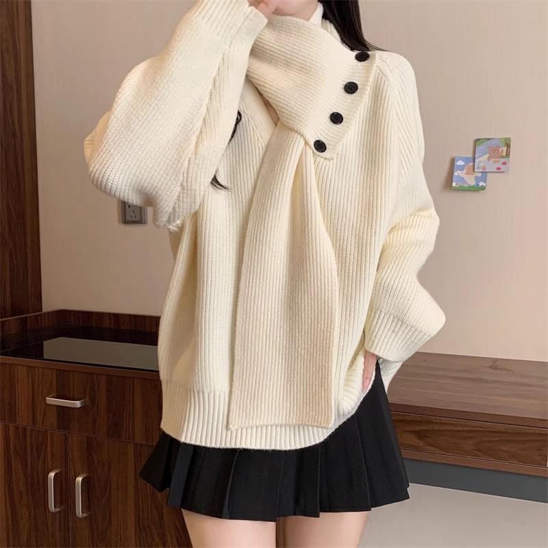 

Autumn and winter lazy wind knitted sweater thin loose scarf collar sweater women s casual temperament thin age-reducing jacket One Size