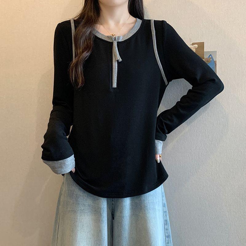 

Chubby Girl Plus Size Color Block Half-Zip Long Sleeve Top - Slimming & Versatile for Autumn/Winter 3XL (161-180 catty) темно-синий