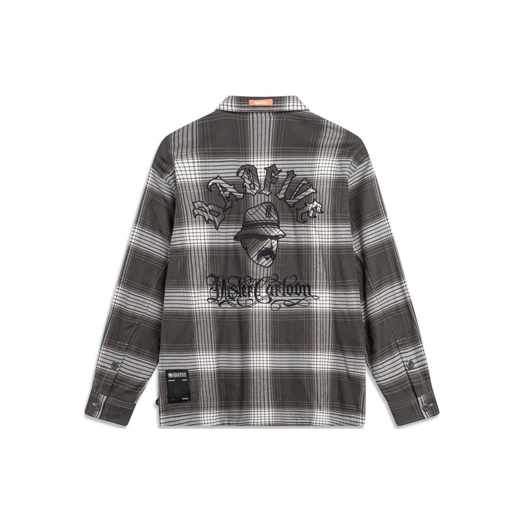 Li Ning Badfive Plaid Letter Print Square Neck Loose Casual Long Sleeve Shirt Men Shirts AFDT855-3