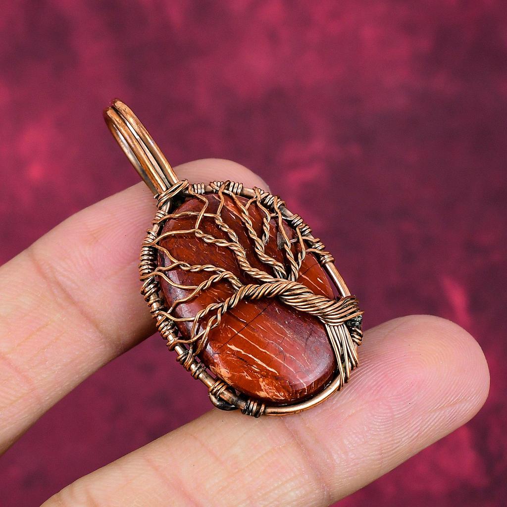 Lebensbaum Roter Schlangenhaut-Jaspis Anhänger Kupferdraht Gewickelt Edelstein Schmuck