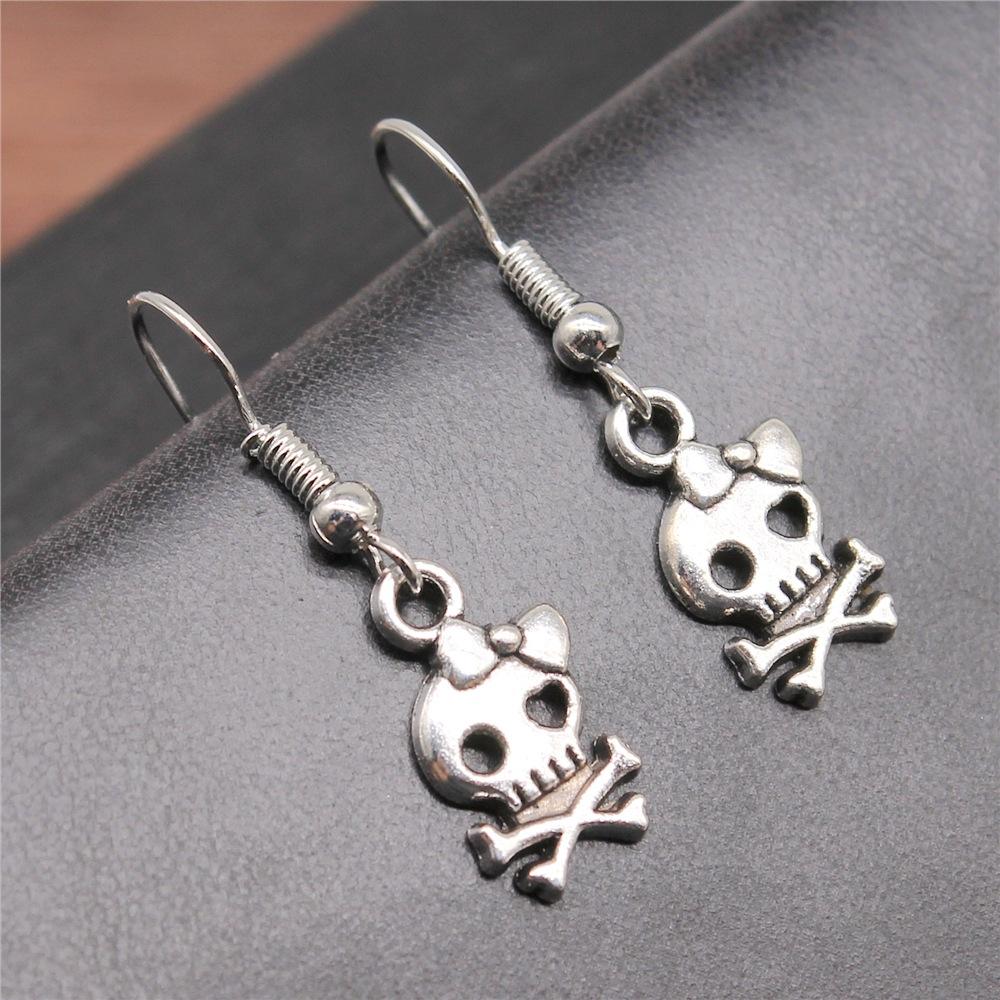 

Модные серьги-подвески ручной работы с простым дизайном, цвета античной меди, с бантом и черепом