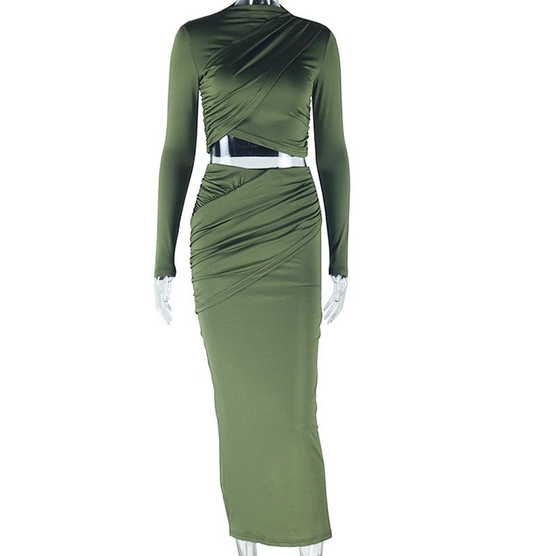 

Европейский и американский стиль однотонный круглый вырез асимметричный длинный рукав укороченный топ повседневный полуюбка комплект из двух предметов S зелёный