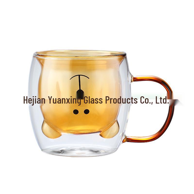 Creative Double-Layer Borosilicate Glass Mug with Duck & Little Bear Design, Handle, and Milk Cup Functionality Amber Little Bear Double-Layer Cup with Handle