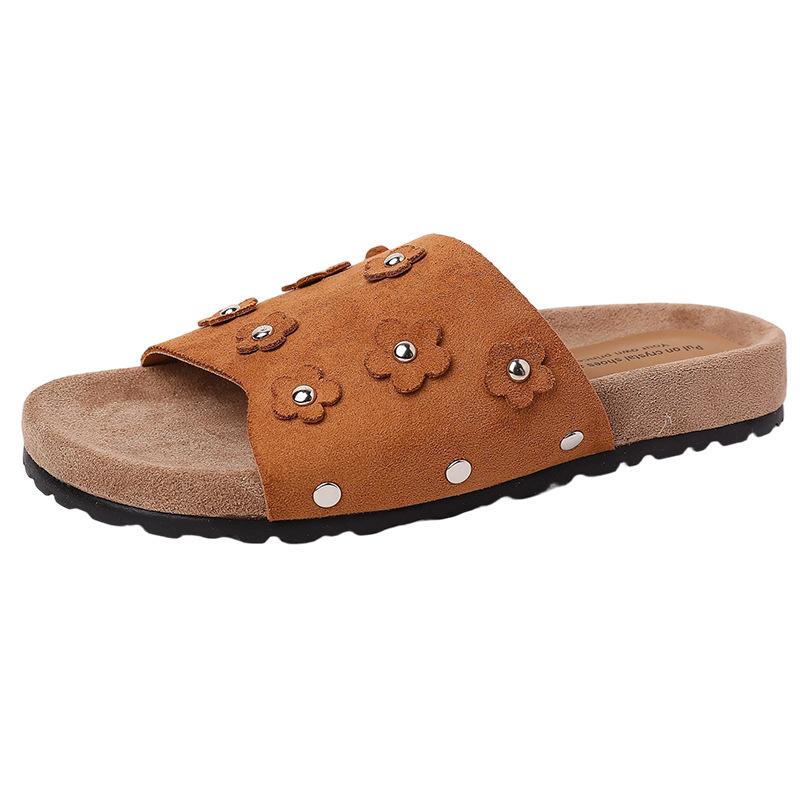 Fashion and literature one-word flower open-toed cool slippers women's 2025 summer new thick-soled outer wear versatile sandals women's shoes