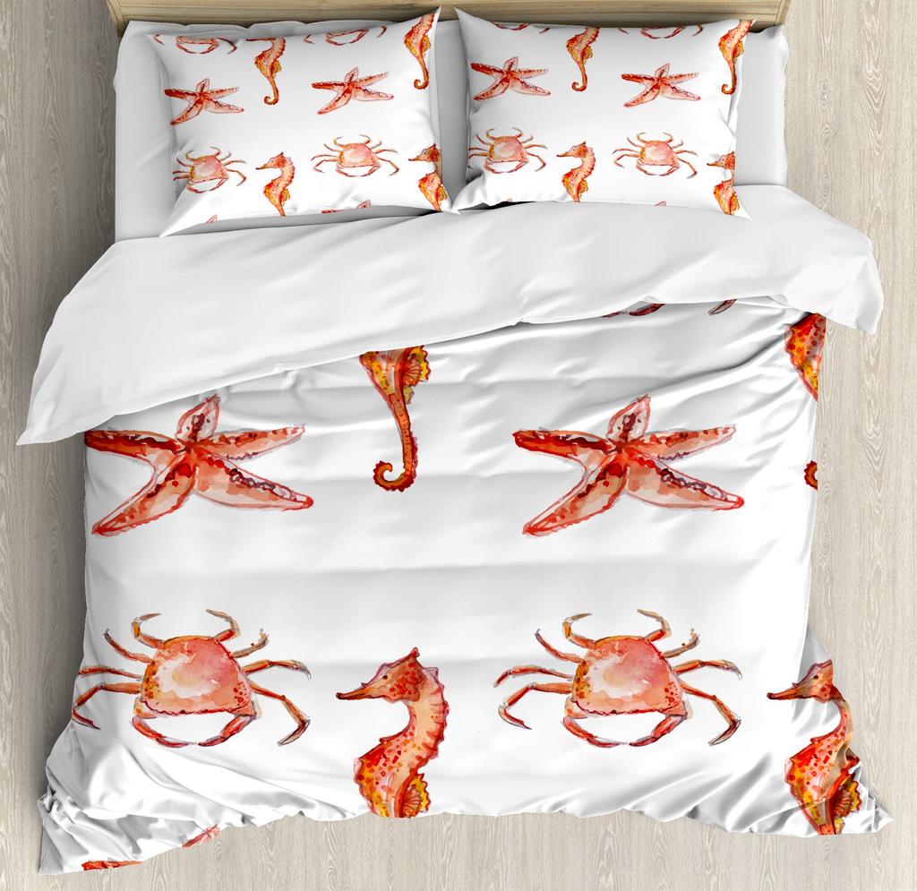 Beach Starfish Duvet Cover Set Blue Ocean Coastal Bedding Set Cute Ocean Creatures Seashells Starfish Print Comforter Cover Sets