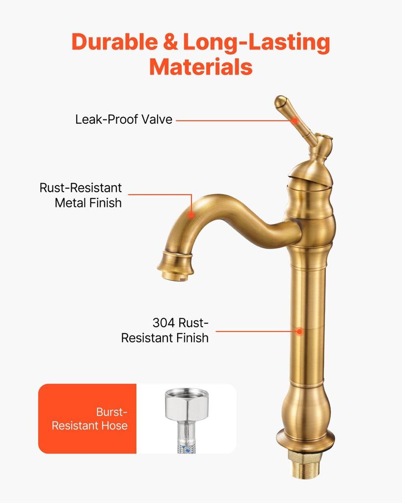 Single Handle Sink Faucet, Solid Brass Single Handle Kitchen Faucet, 1 or 3 Hole Kitchen Faucets with Push-Button Drain, Suitable for Bathroom, RV,