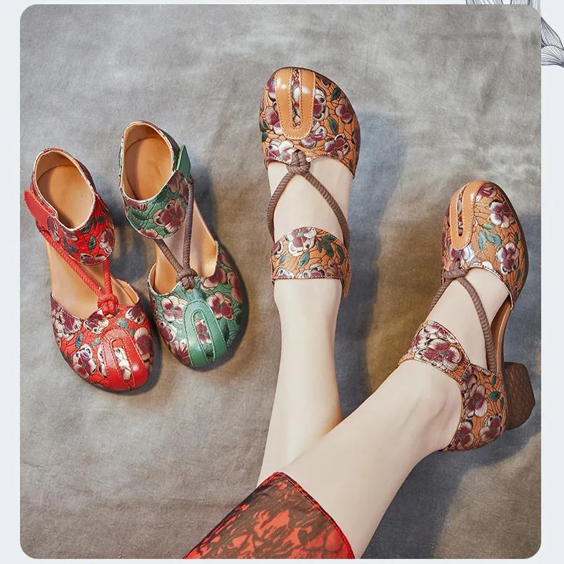 Johnature Letní dámské boty etnického stylu z pravé kůže, embosované, s tlustým podpatkem, s měkkou podrážkou, vintage sandály