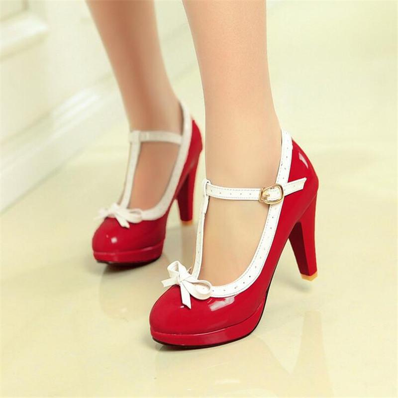 Big Size 32-43 Women Pumps Sweet Bowtie Shoes Patent Leather Chunky Female High Heels Party Wedding Prom Footwear Girls Shoes