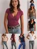 2025 European & American V-neck Slim Fit Solid Color Short Sleeve Women's T-shirt