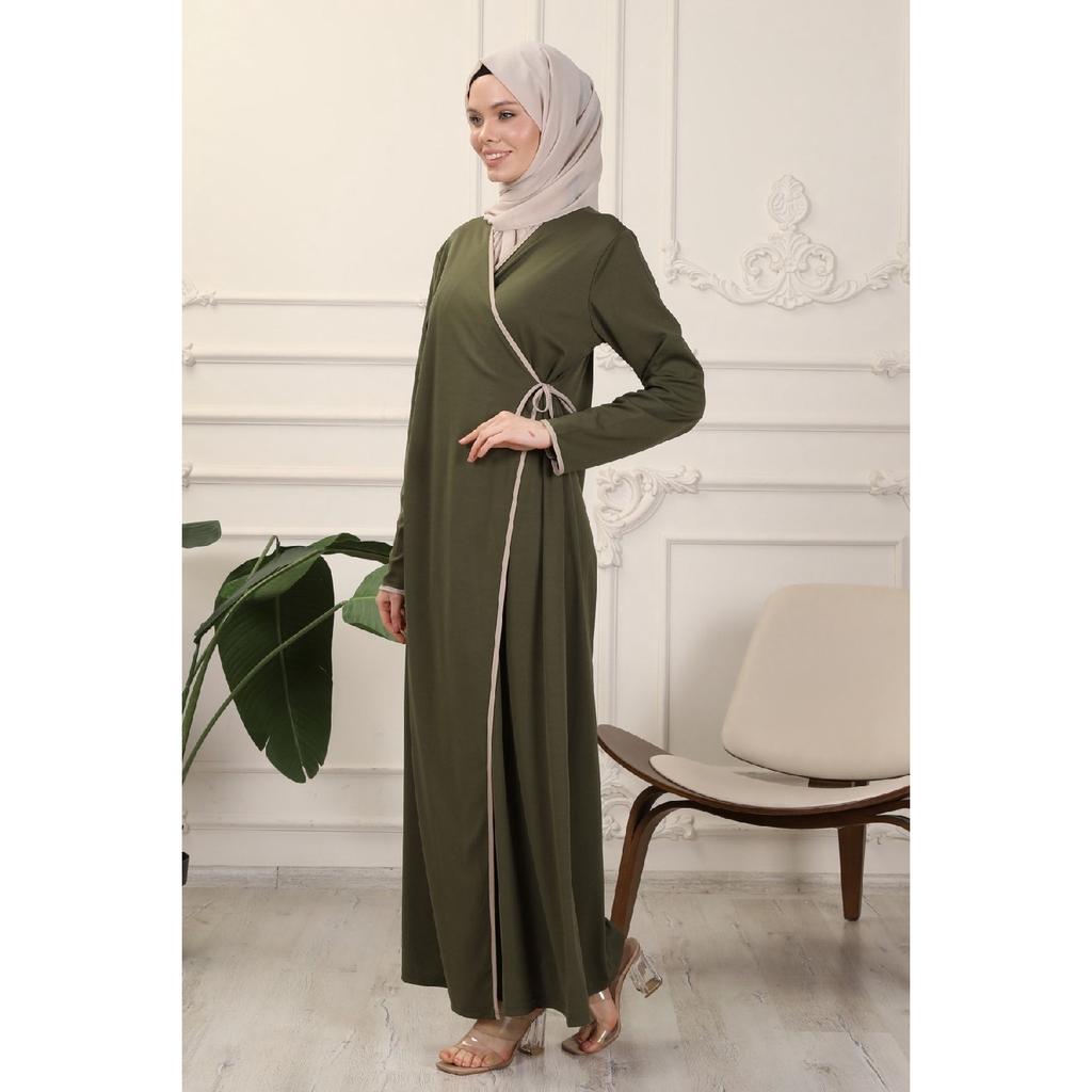 Black Double Breasted Neck Piping Flexible Interlock Fabric Prayer Dress