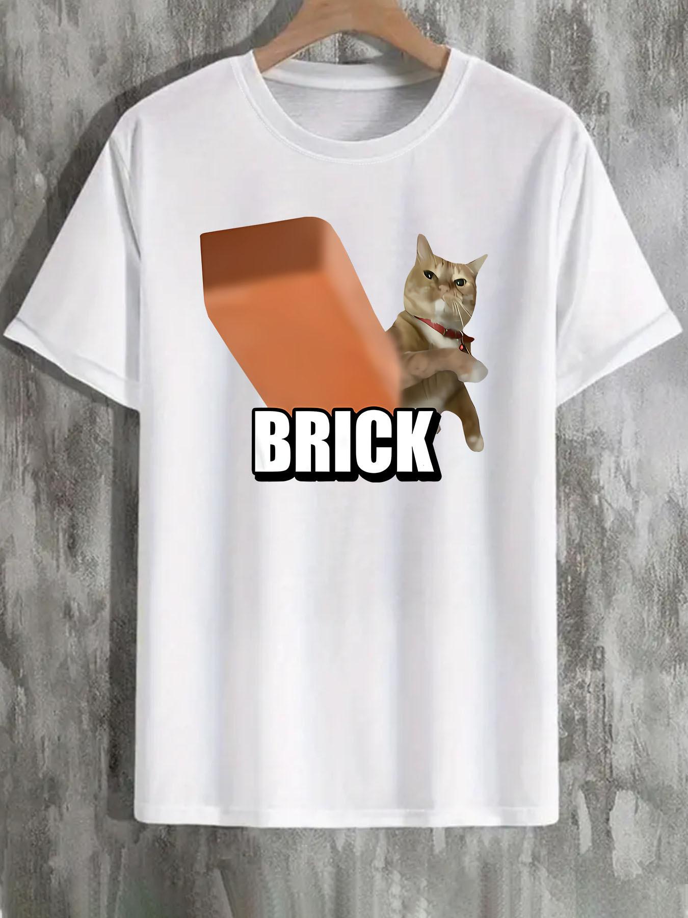 Men S Funny Cat Brick Throwing Meme T-Shirt - Black Retro Pattern Tee with BRICK Text And Cartoon Cat Design L