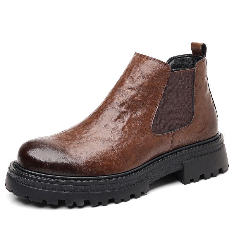 2025 Men's British Style Black Low-Top Chelsea Boots: Fleece-Lined, Hand-Grained, Mid-Calf Thickness