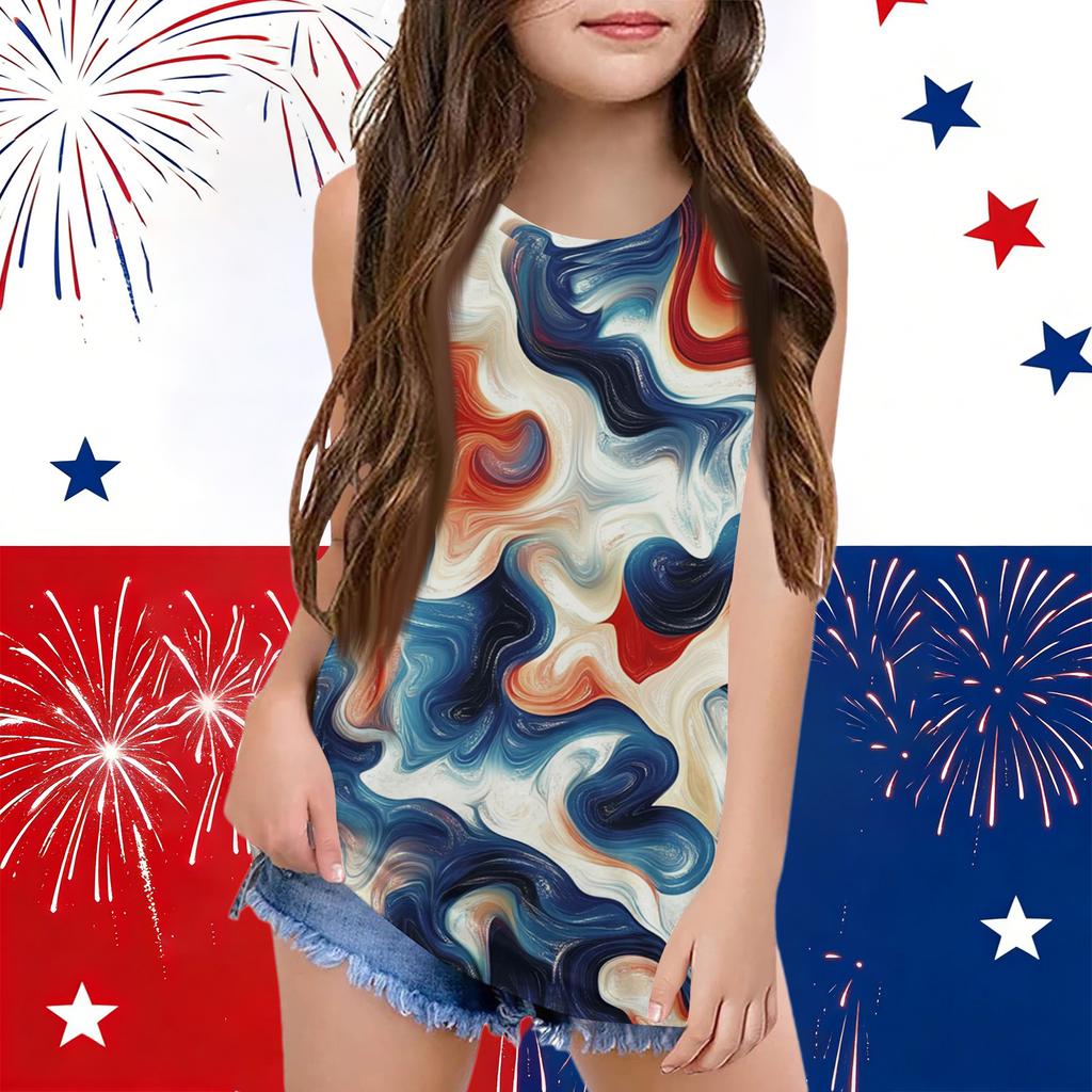 Girls  Kids Summer Crewneck Sleeveless Shirts Tank Tops Independence Day