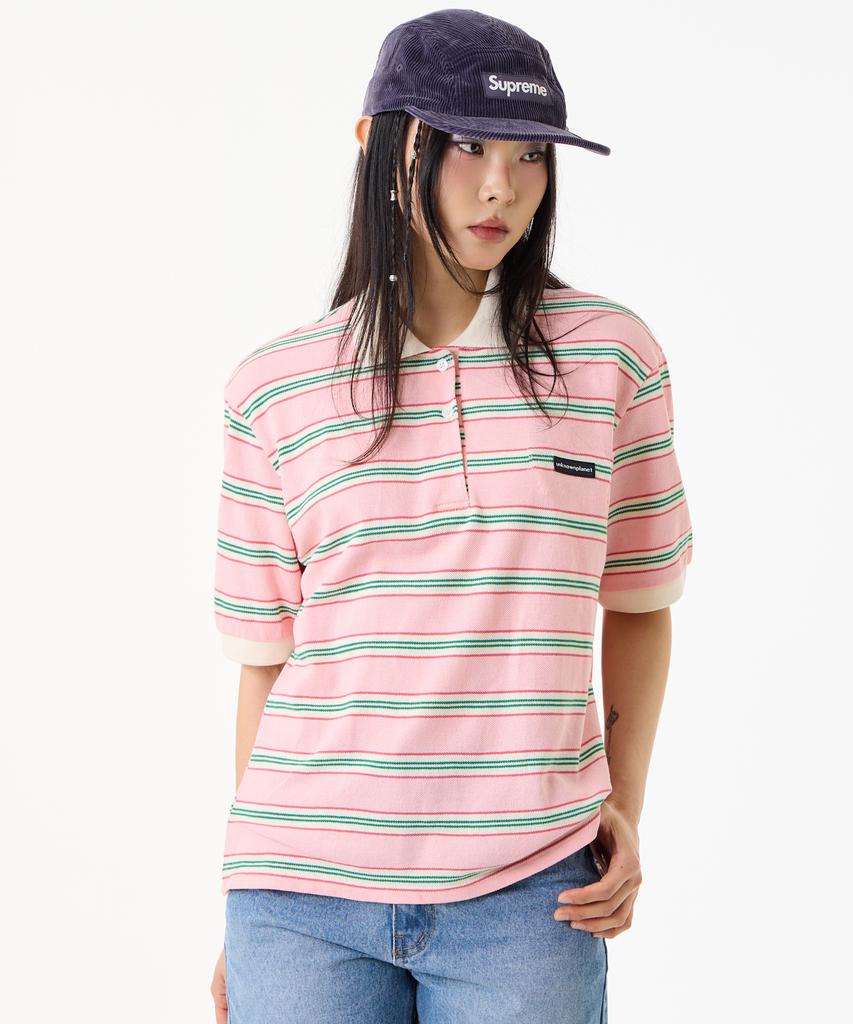 UNKNOWN PLANET Retro Multi-Stripe Polo Shirt Pink