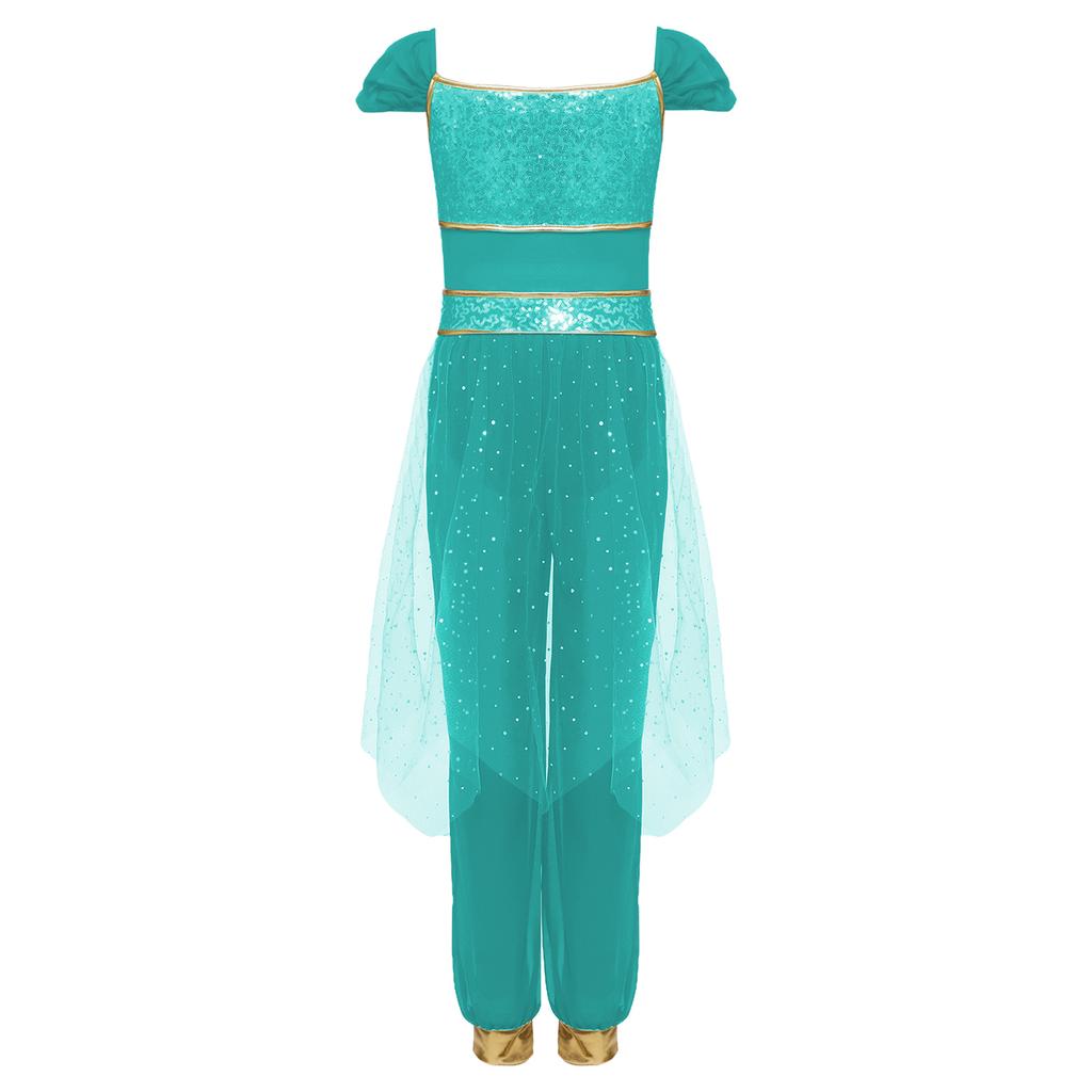 Girls Belly Dance Costume Arabian Princess Rompers Sequined Waist Tulle Overlay Jumpsuit Contrast Color Rhinestone Decor