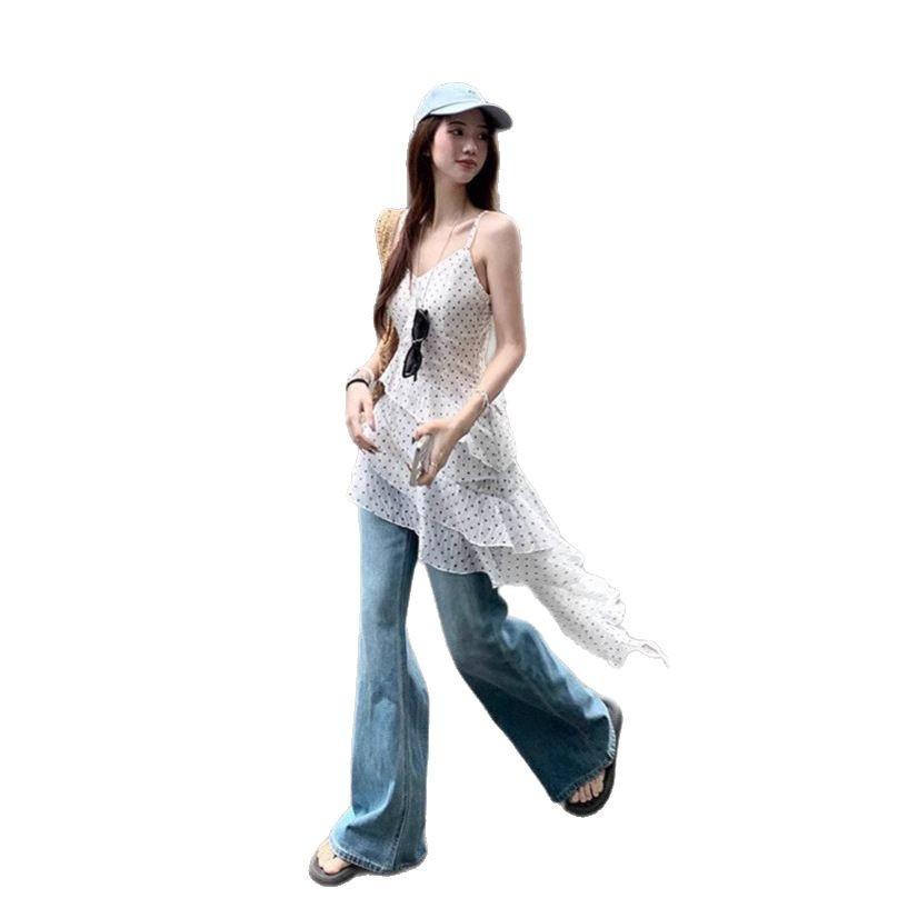 Korean Polka Dot Ruffle Leaf Edge Suspender Dress Women's Early Spring New Seaside Vacation Style Irregular Skirt Tide