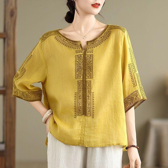 Mother's Summer T-shirt Tencel Linen Loose Casual Women's Blouse Solid Color Short-sleeved Bottoming Shirt