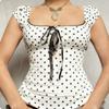 2026 Spring New Women's Top: Polka Dot Square Neck Bow Slim Fit Short Sleeve T-Shirt for Women