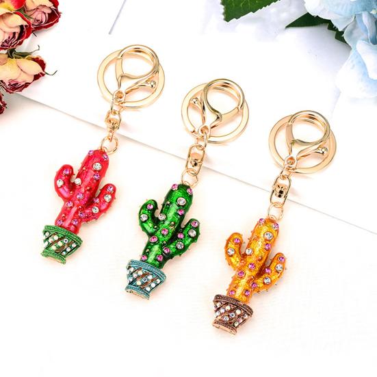 Keychain Sparkling Rhinestones Inlaid Cactus Design Keychain Pendant Enamel Oil Drip Process Smooth Edges Spring Buckle Key Holder Backpacks Accessory