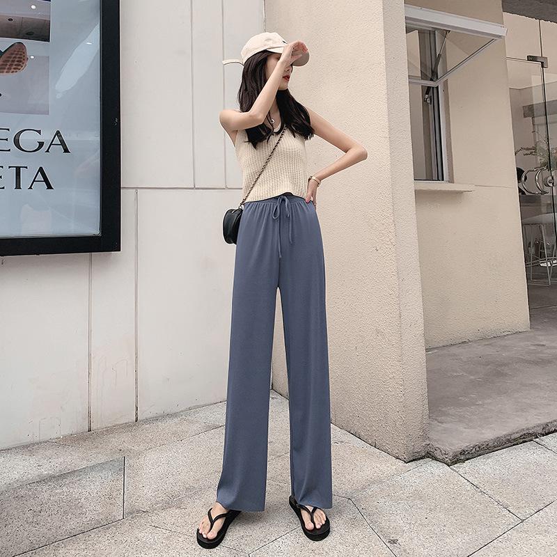 Pantalon Large Cheville pour Femme Casual Été Uni Taille Élastique Ample Pantalon en Soie Glacée Printemps Été Pantalon Féminin