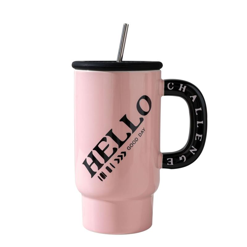 800ml Ceramic Travel Coffeel Mug With Lid And Straw Mug With Handle Creative Large Capacity Portable Water Cup