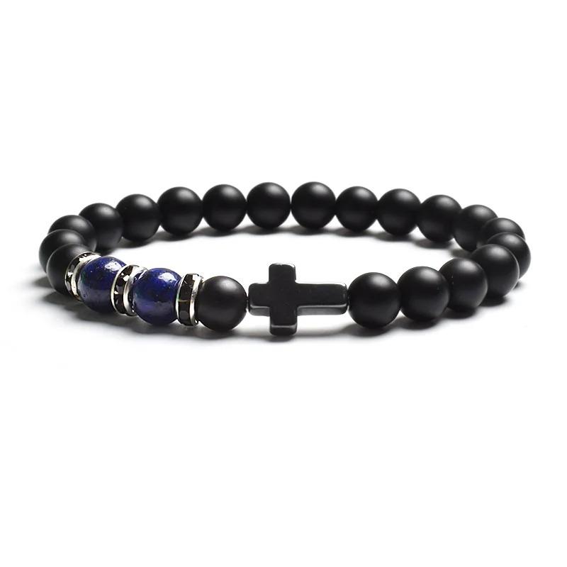 Fashion Religion Cross Men Women 8mm Natural Stone Tiger Eye & Black Matte Agates Bead Bracelet Elastic Bracelet Bangle Jewelry