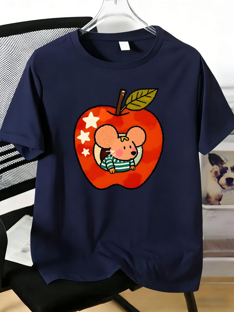 Unisexs Tee Cartoon Mouse In Red Apple Star Cute Print Cotton Short Sleeve Male Casual Streetwear Outdoor Daily Basic Fashion Top