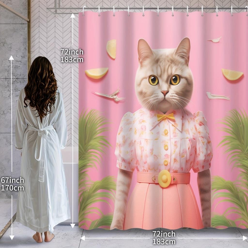 Duschvorhang: Entzückende Katze in einem stilvollen Blumenkleid für eine verspielte und skurrile Badezimmerdekoration