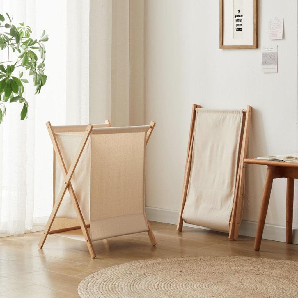 Cesto Portabiancheria Pieghevole in Legno e Rattan in Stile Nordico e Giapponese