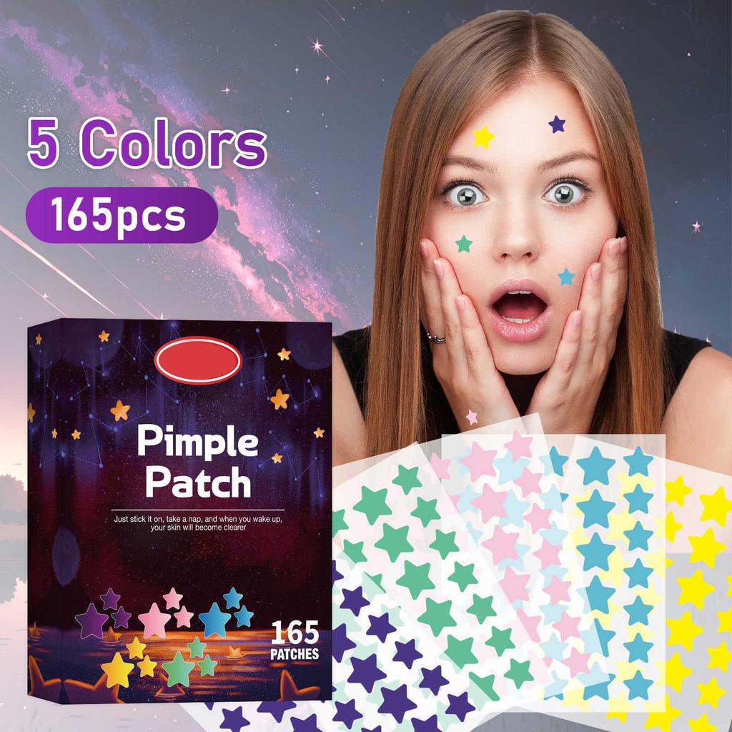 Colored Star Skin Care Acne Patches For Face, Colorful Pattern Zit Covers,Hydrocolloid Acne Patches With Tea Oil,Green Varec Extract Ect.(165 Count)