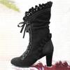 Bottes de Chevalier Médiévales Rétro à Talons Épais pour Chaussures Femmes Cuir Daim Lacets Mi-Mollet Bottes à Talons Épais Grande Taille 43