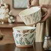 Salad Bowl Pastoral Hand-Painted Ceramic Bowl Japanese-Style Relief Rough Pottery Bowl Household Tableware Rice Bowl Vegetable Bowl Fruit Bowl